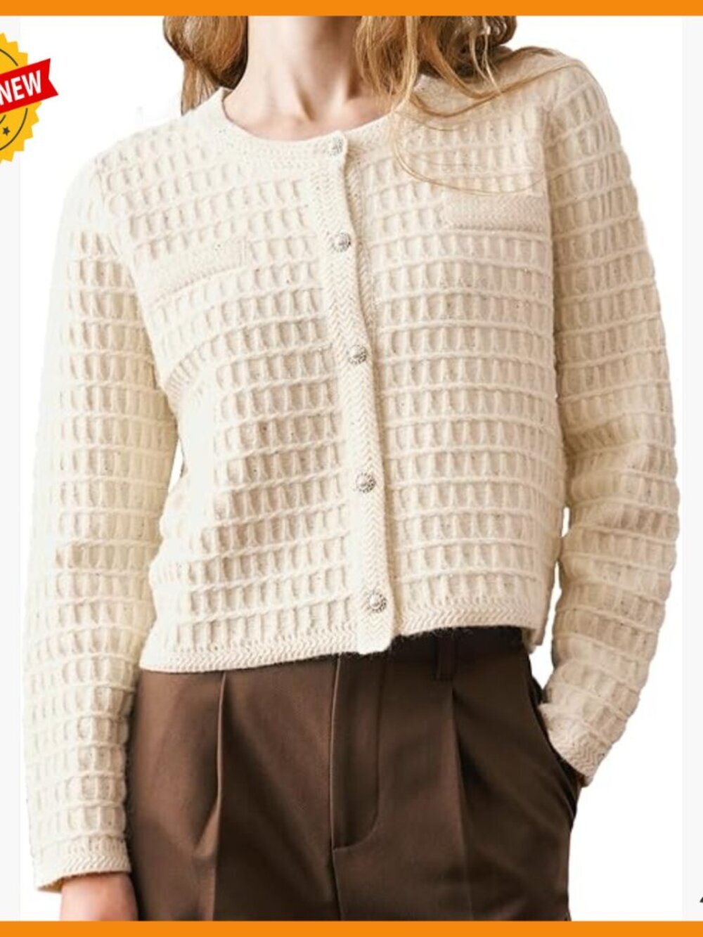 Cropped Cardigan Sweater with Pearl Buttons, Long Sleeve Crew Neck